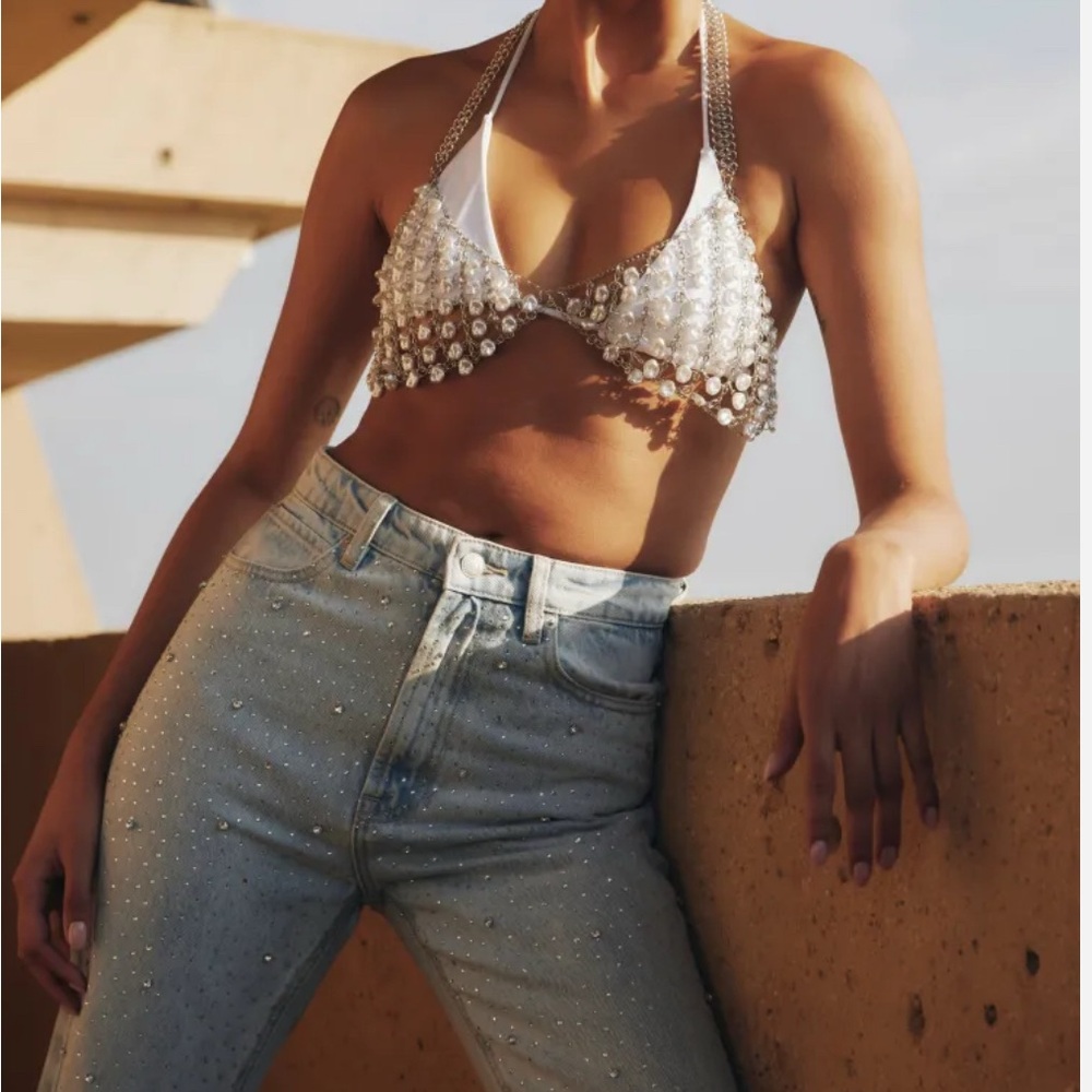 Meshki Silver Beaded Halter Tank Top